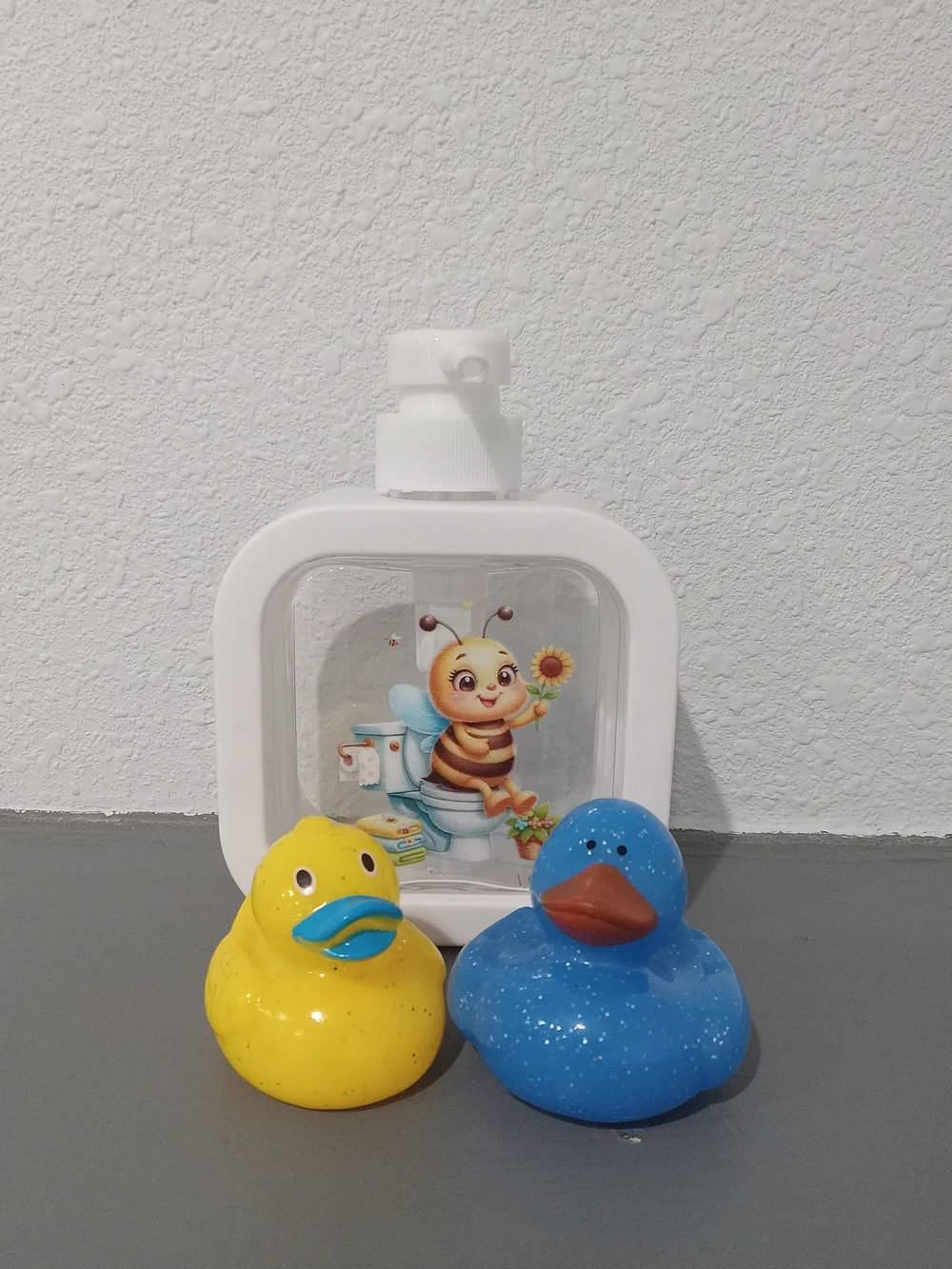 Blue and Yellow Rubber Duck Set with Bee Hand Soap Pump